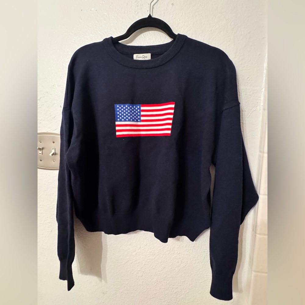 Navy Crew Neck Sweater with American Flag